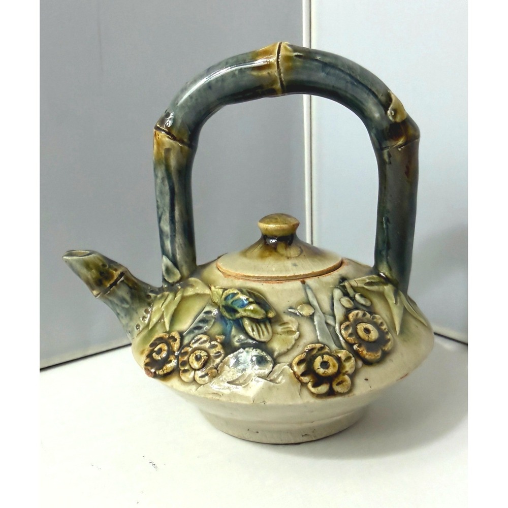 Vintage Ceramic Teapot Cream Green Bamboo Handle Floral Crazed